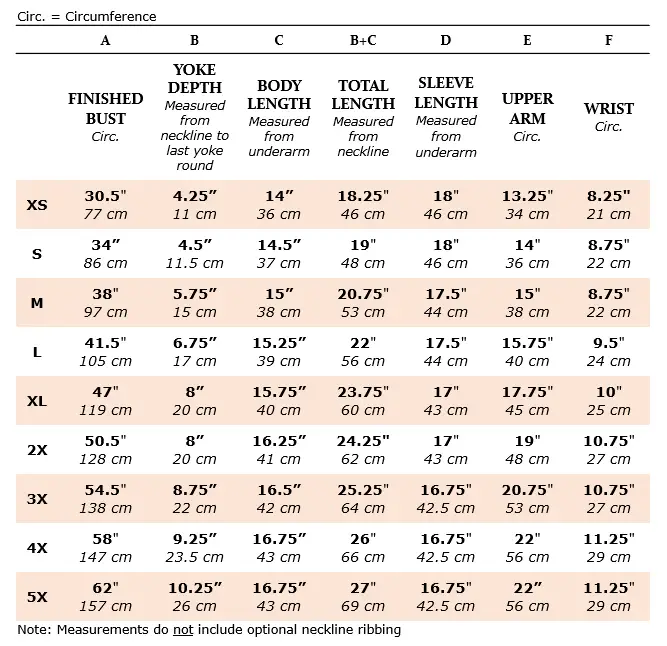 Size chart for raglan sweater